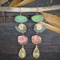Drusy, Ammolite, Peach Tourmaline, and Golden Rutilated Quartz Earrings